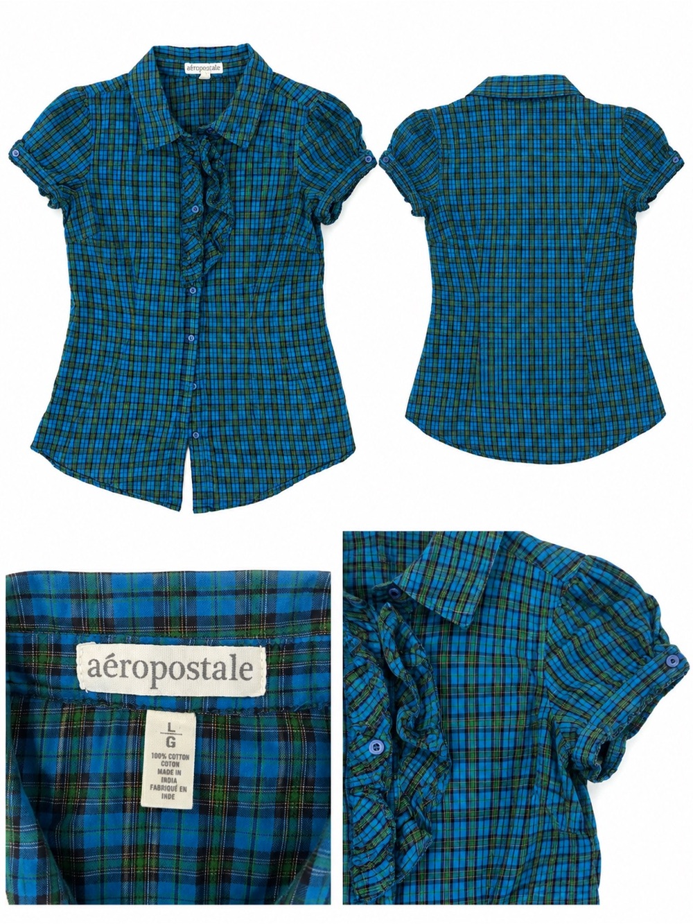 Aeropostale Blue and Green Plaid Short-Sleeve Ruffle Front Shirt